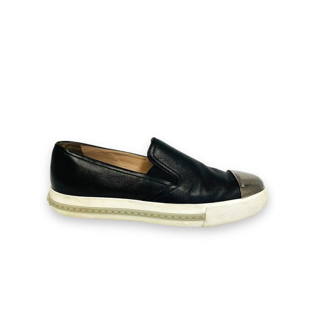 MIU MIU Black Leather Logo Metal Cap Toe Slip On Sneakers Shoes Size EU 36 US 6